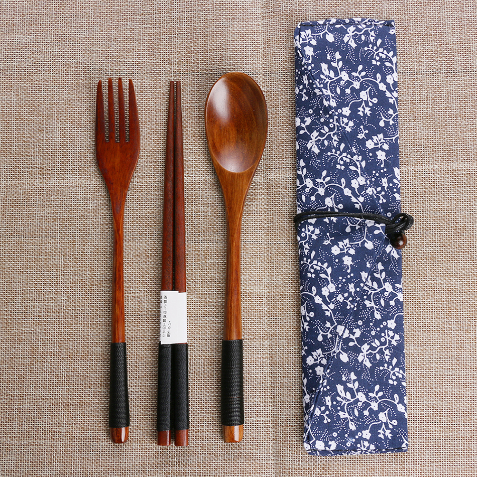 Portable Wooden Cutlery Set with Cloth Bag