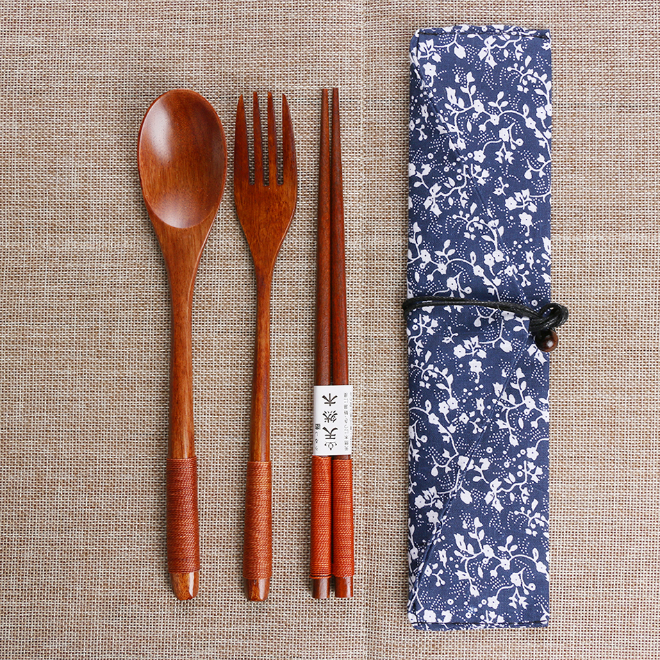 Portable Wooden Cutlery Set with Cloth Bag