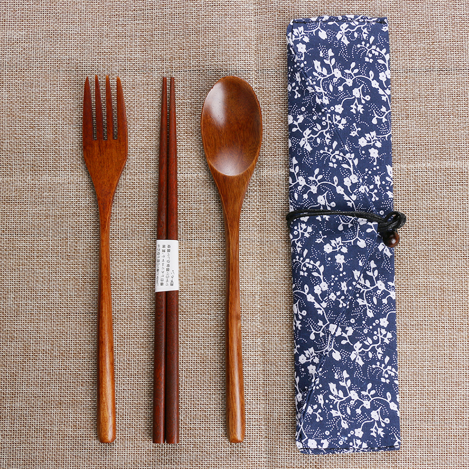 Portable Wooden Cutlery Set with Cloth Bag