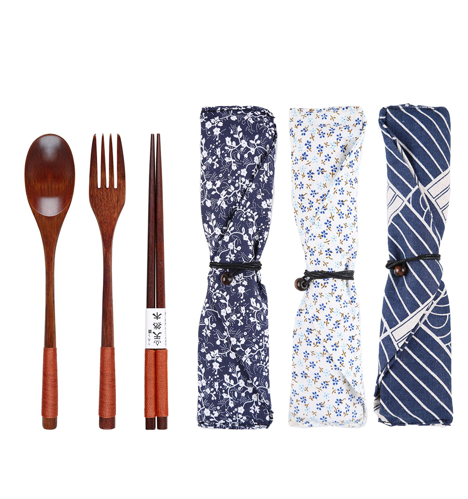 Portable Wooden Cutlery Set with Cloth Bag