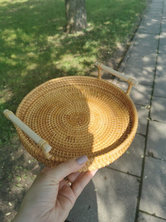 Round Rattan Wicker Storage Tray With Handles